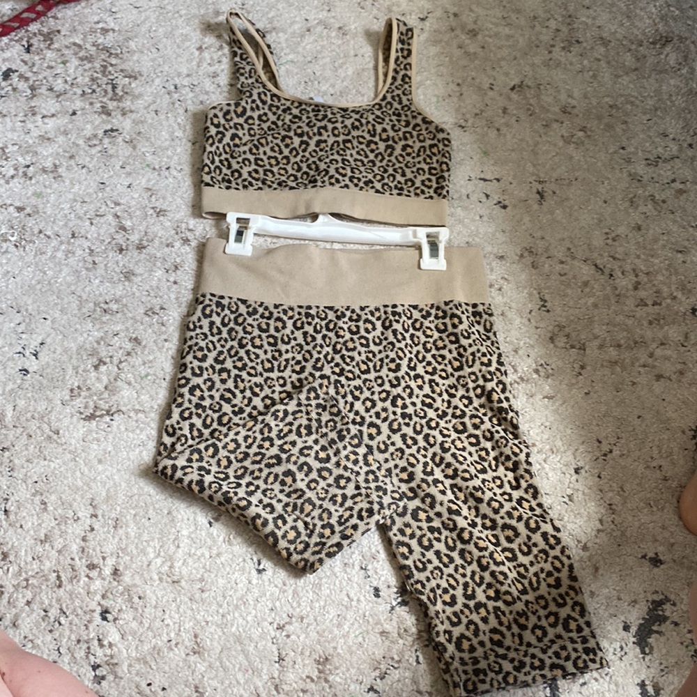 NIKIBIKI set: ribbed cropped top and biker shorts, size small, cheetah print